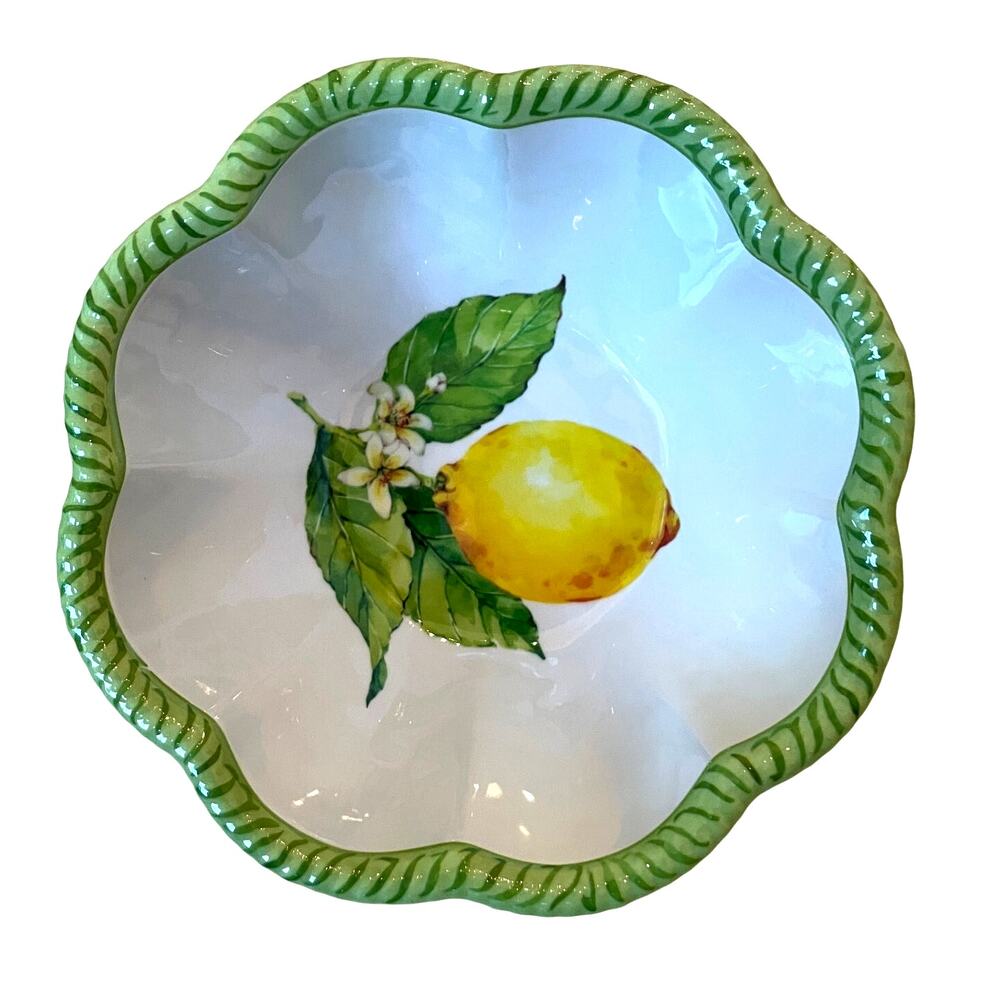 Soho Loft Melamine Bowls 7in LEMONS Scalloped Fluted Edge Set of 4 White NEW